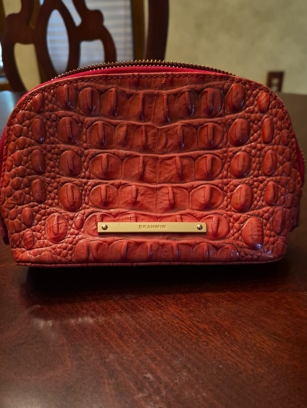 Brahmin Brick Red Croc-Embossed Cosmetic Case